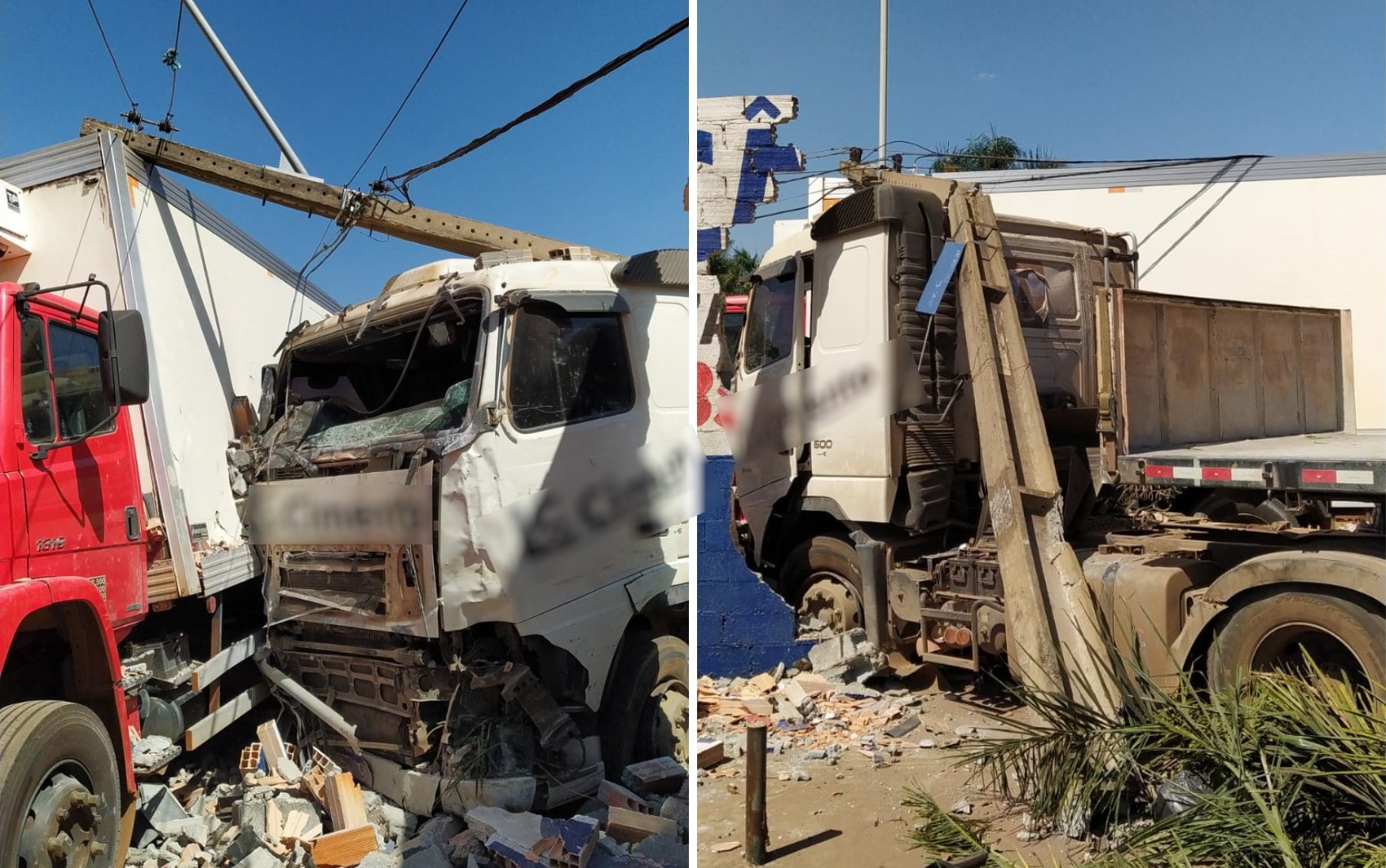 Caminhão derruba poste e vai parar dentro de oficina após batida, em Goiânia 