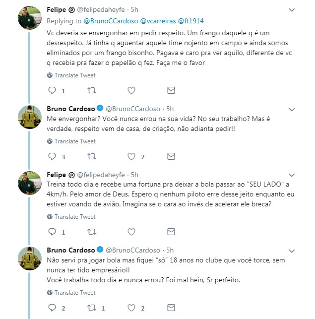 Discussão entre Bruno, ex-goleiro do Palmeiras, e torcedor no Twitter (Foto: Reprodução: Twitter)