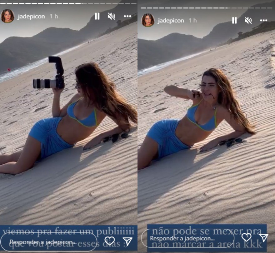 Jade Picon vê fotos e troca de óculos imóvel para não marcar areia enquanto posa (Foto: Reprodução/Instagram)