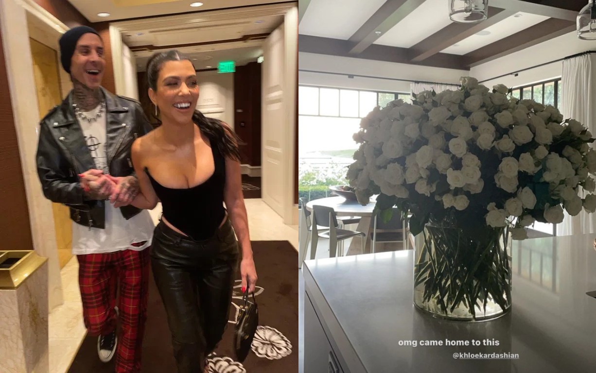 Kourtney Kardashian ganha buquê de flores da irmã Khloe em meio a rumores de casamento com Travis Barker  (Foto: Reprodução)
