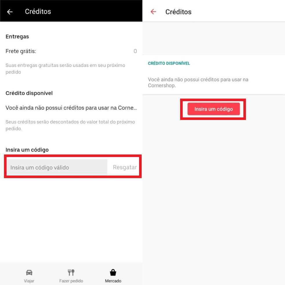 Cupom Uber Eats Mercado: insira códigos promocionais na aba "Créditos" — Foto: Reprodução/Clara Fabro
