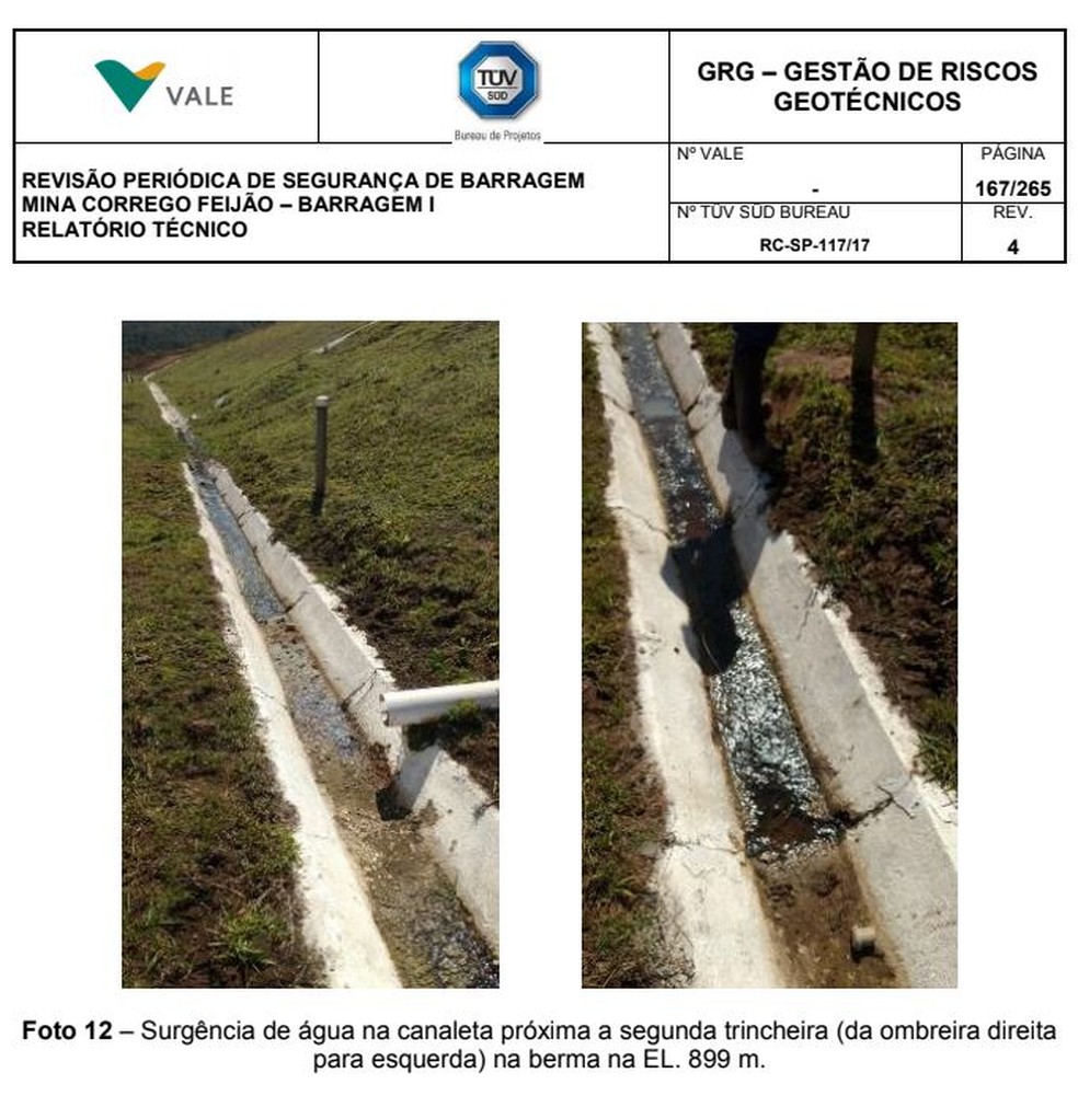 Imagens mostram trecho trincado em canaleta na barragem de Brumadinho — Foto: Reprodução/Tüv Süd
