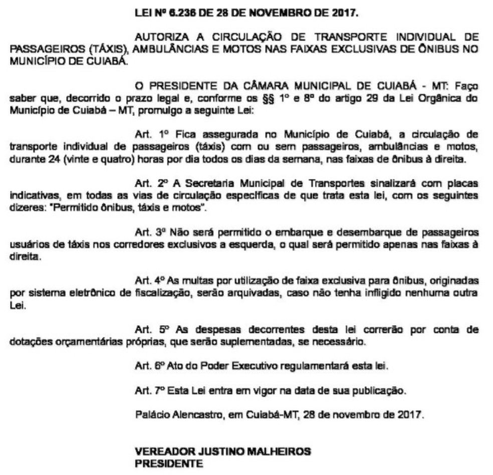 Lei promulgada pelo presidente da Cmara de Cuiab foi publicada no Dirio de Contas nessa tera-feira (5) (Foto: Reproduo)