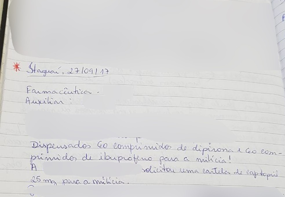 Anotação de setembro no livro de farmácia atesta que foram dispensados 60 comprimidos de ibuprofeno para a milícia (Foto: Reprodução/Arquivo Pessoal)