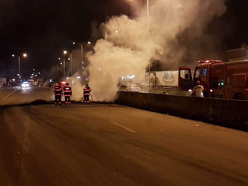 Corpo de Bombeiros enviou equipe ao local do protesto para combater o fogo (Foto: Pol&iacute;cia Rodovi&aacute;ria Federal/Divulga&ccedil;&atilde;o)