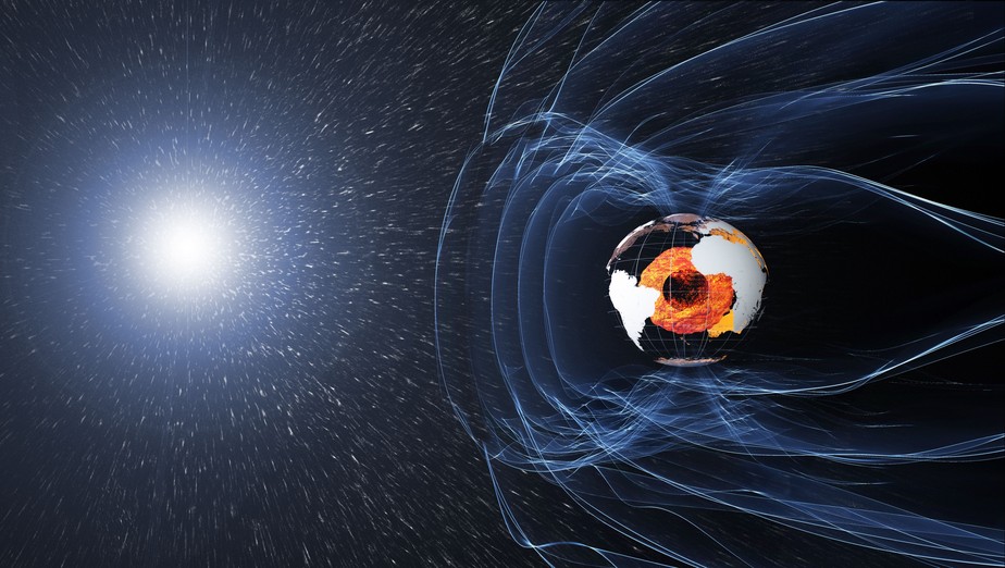 Ilustração de como o campo magnético atua como uma enorme bolha, protegendo-nos da radiação cósmica