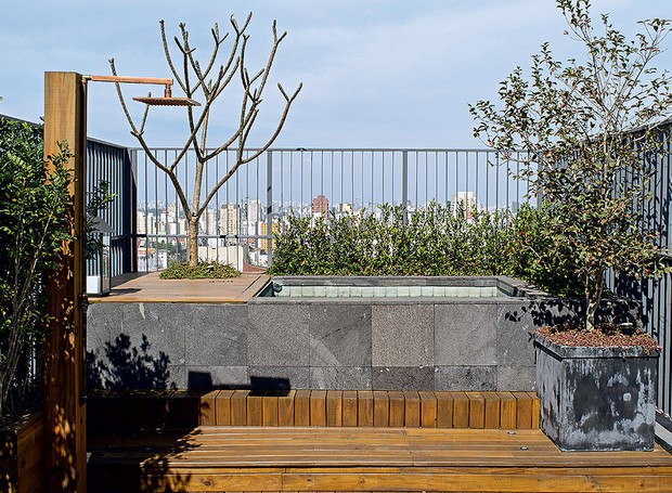 Otávio Dias é um carioca que vive em São Paulo. Ele fez questão de morar em um apartamento com terraço. “Adoro água e tomar sol. A piscina é minha prainha e o pôr do sol visto daqui é indescritível”, conta. Ao lado, fica o chuveirão (Foto: Victor Affaro/Casa e Jardim)