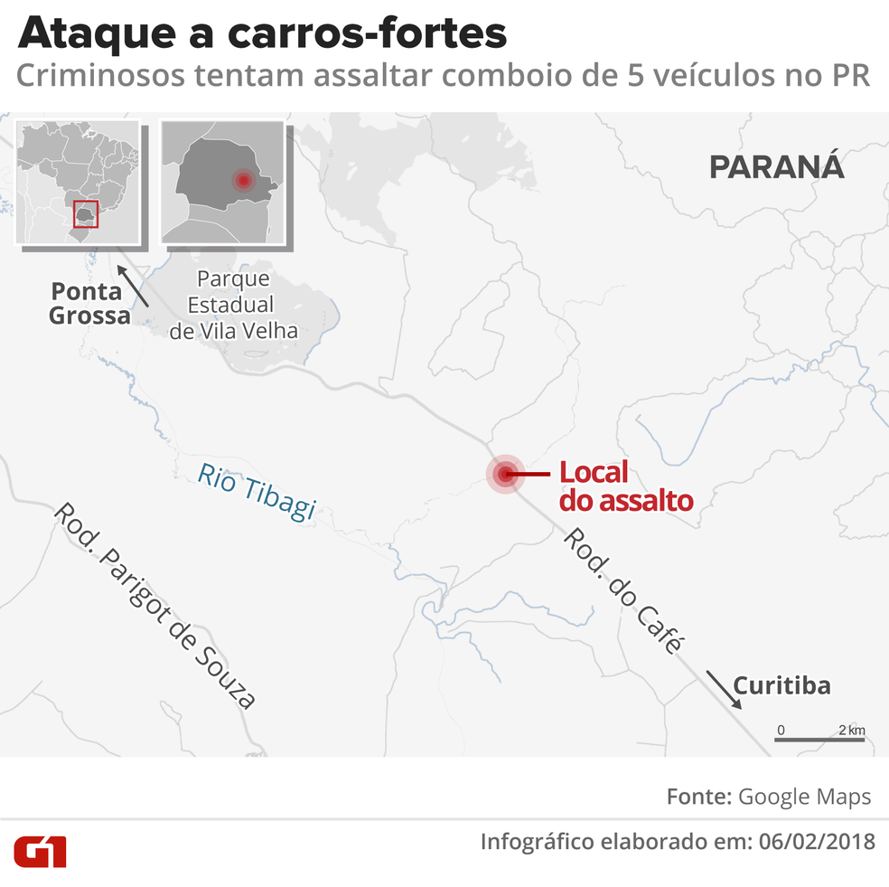 Mapa mostra local onde ocorreu tentativa de assalto a comboio de carros-fortes no PR (Foto: Alexandre Mauro/G1)