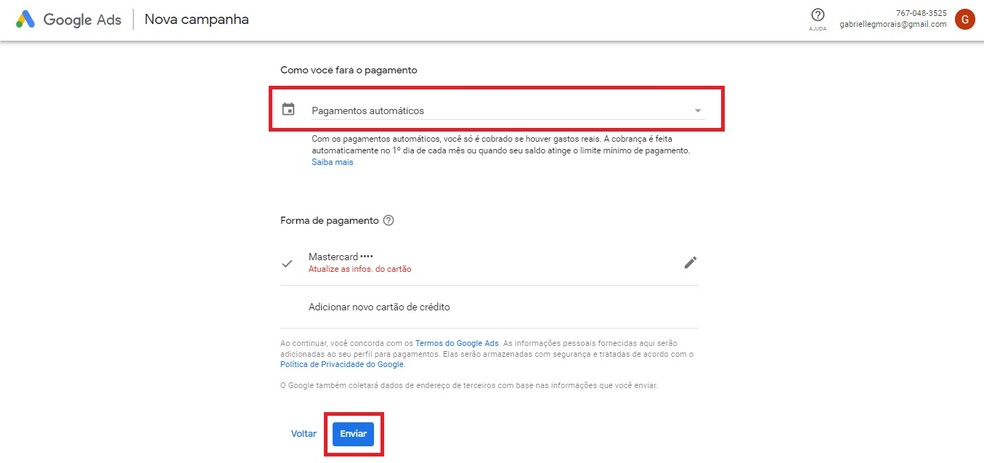 Insira todas as informações de pagamento para finalizar a criação do seu primeiro anúncio no Google Ads — Foto: Reprodução/Gabrielle Garcia