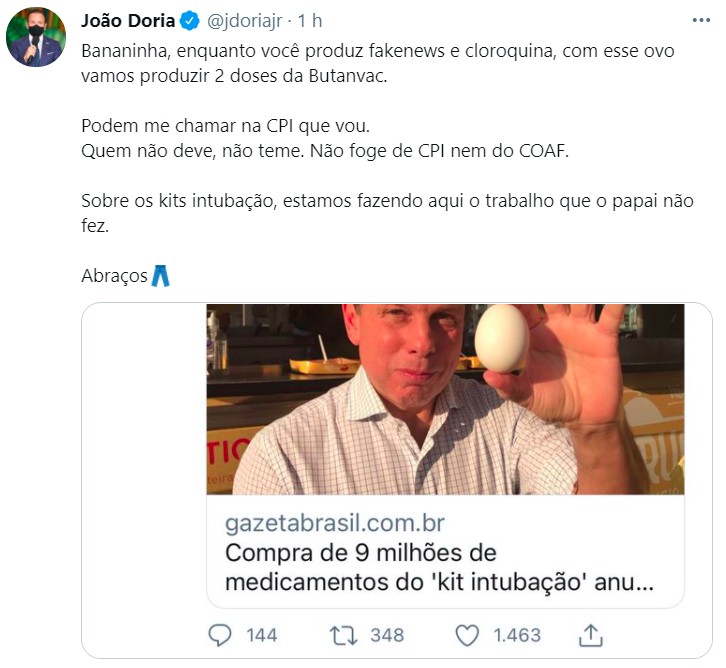 Doria responde mensagem de Eduardo Bolsonaro no Twitter (Foto: Reprodução/Twitter)