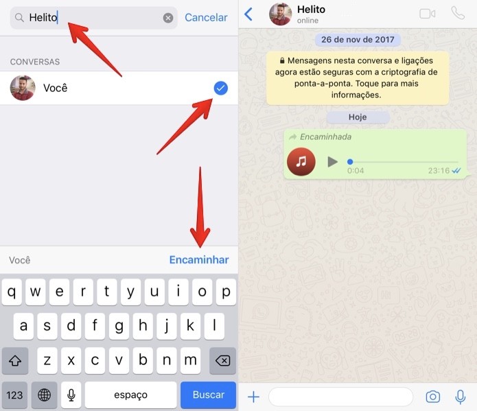 Ouça áudios do WhatsApp em uma conversa consigo mesmo para não ser descoberto — Foto: Reprodução/Helito Bijora