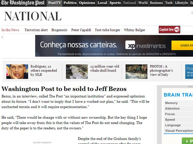 Reportagem do 'Washington Post' confirma venda para Jeff Bezos (Foto: Reprodução/The Washington Post)