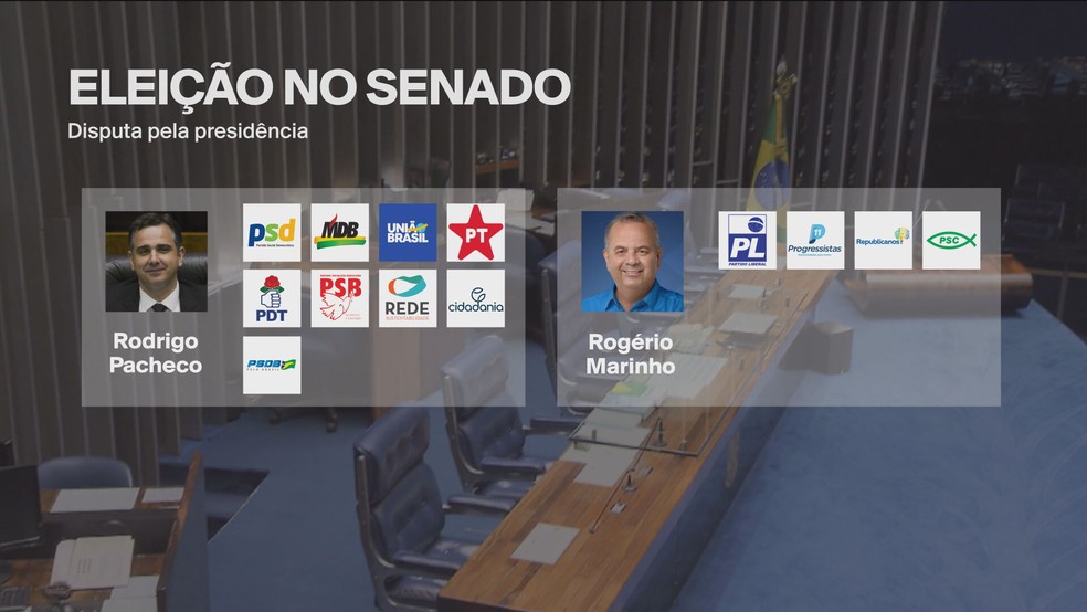 Veja quais partidos apoiam Rodrigo Pacheco no Senado e quais estão com Rogério Marinho — Foto: Reprodução/GloboNews