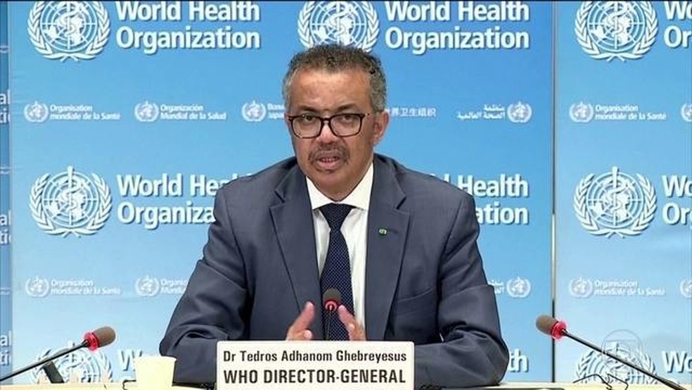 Tedros Adhanon, diretor-geral da OMS, critica politização da pandemia de coronavírus. — Foto: Jornal Nacional