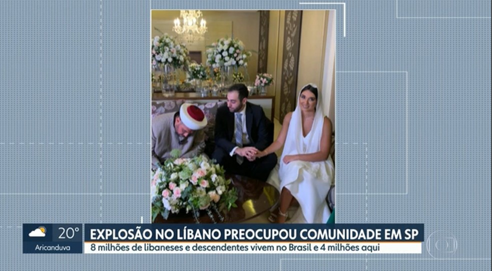 Cerim&ocirc;nia de noivado &eacute; interrompida em Beirute por causa da explos&atilde;o &mdash; Foto: Reprodu&ccedil;&atilde;o/TV Globo