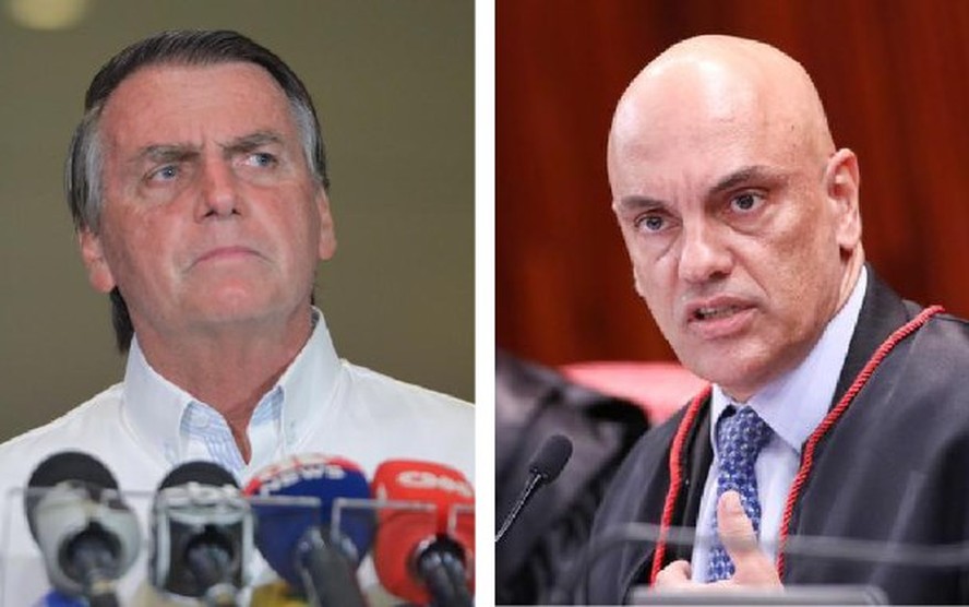 O ex-presidente Jair Bolsonaro e o presidente do TSE, Alexandre de Moraes