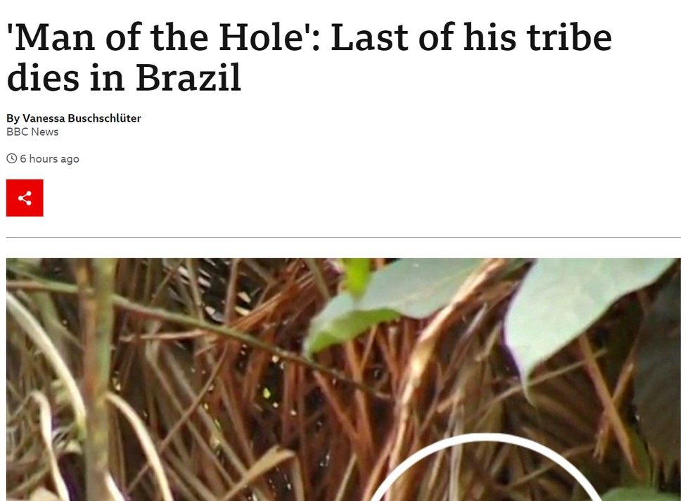 Reprodução de texto da BBC sobre a morte de indígena brasileiro — Foto: Reprodução