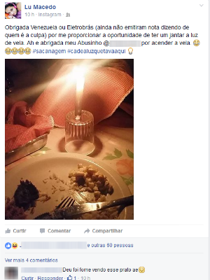 Alguns moradores jantaram à luz de vela (Foto: Reprodução/Facebook/Lu Macedo)