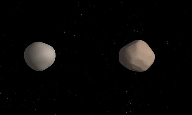 Asteroides gêmeos 2017 YE5 em ilustração (Foto: Divulgação/Nasa)