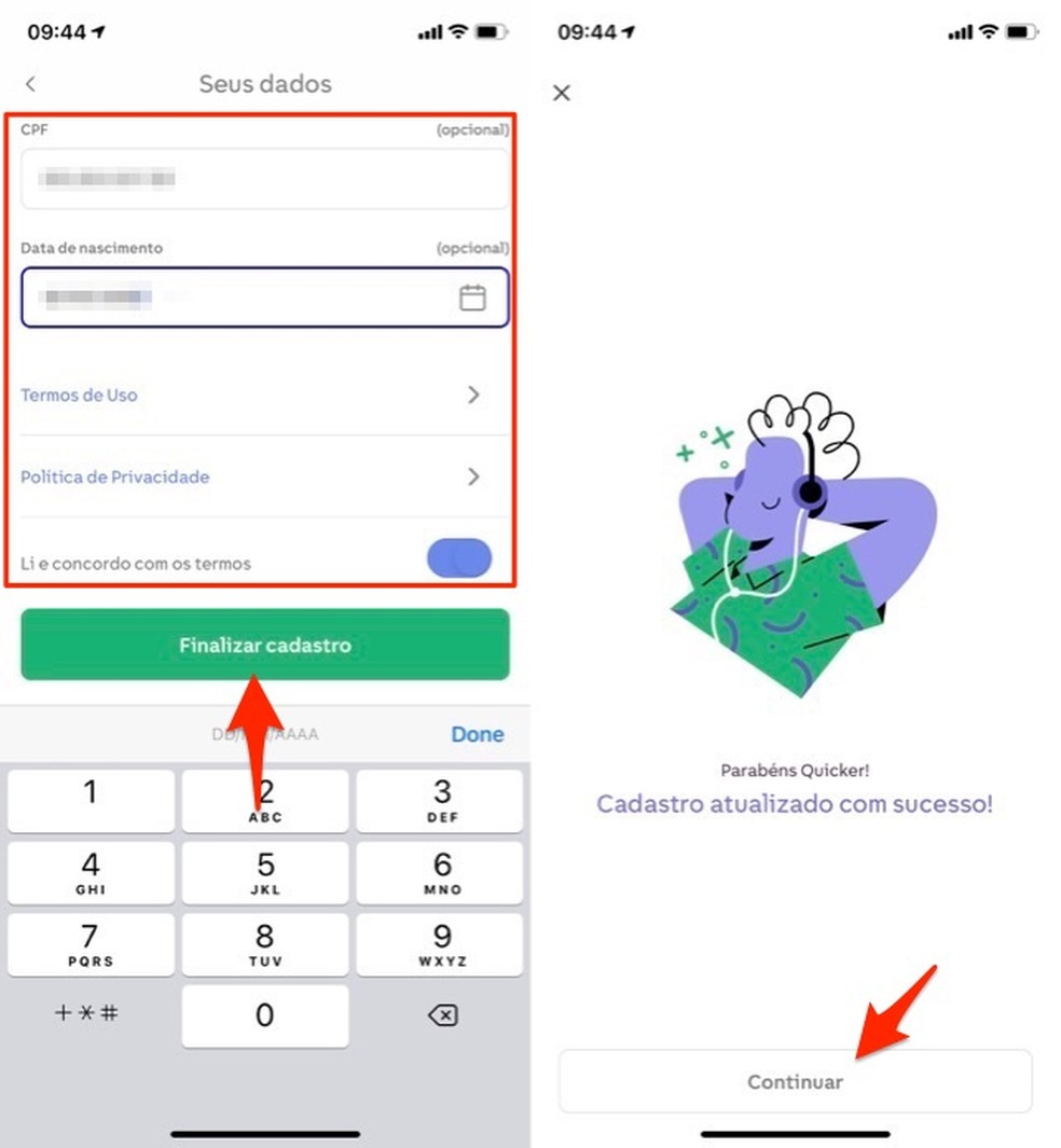 Ação para finalizar o cadastro no aplicativo Quicko — Foto: Reprodução/Marvin Costa