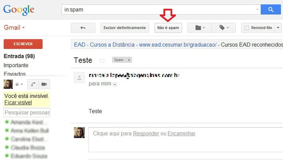 Botão para desmarcar um e-mail como spam no Gmail (Foto: Reprodução/ Marcela Vaz) — Foto: TechTudo