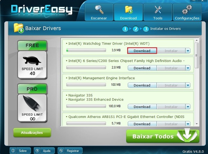 Antes de instalar, é preciso fazer o download do driver. Clique sobre esta opção, em forma de botão azul ativo (Foto: Reprodução / Paulo Finotti)