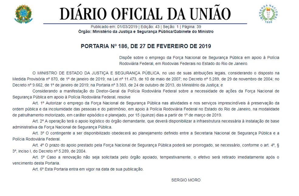 Portaria de Sérgio Moro autoriza apoio da Força Nacional à Polícia Rodoviária Federal em estradas federais no Rio de Janeiro — Foto: Reprodução/Diário Oficial da União