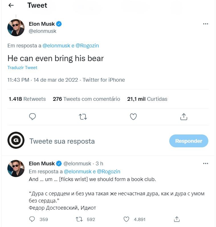 Elon Musk sugere no Twitter que Putin poderia trazer um urso para duelo e cita trecho de Dostoiévski (Foto: Reprodução/Twitter)