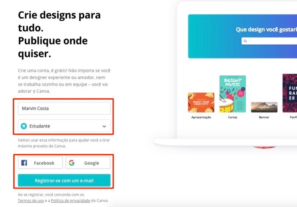 Ação para criar um cadastro rápido no serviço online Canva  — Foto: Reprodução/Marvin Costa