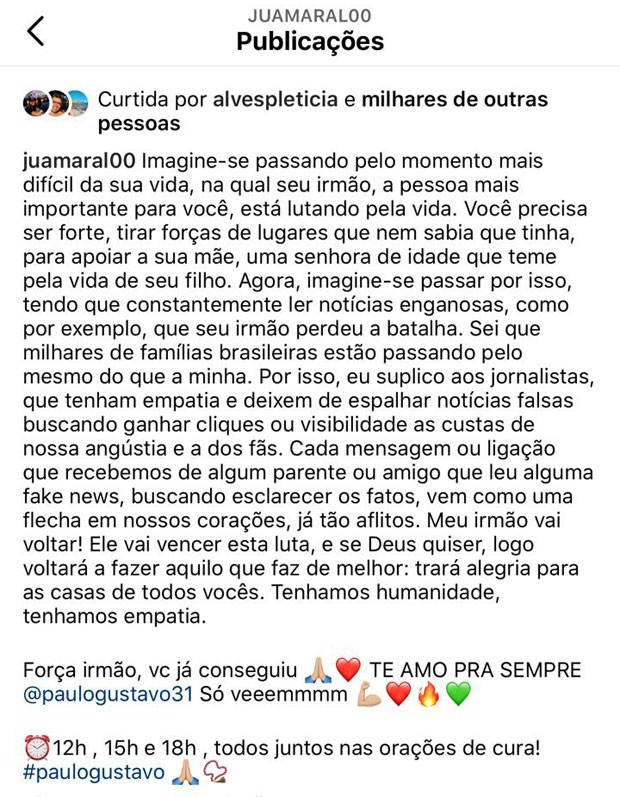 Post de Ju Amaral, irmã de Paulo Gustavo (Foto: Reprodução/Instagram)