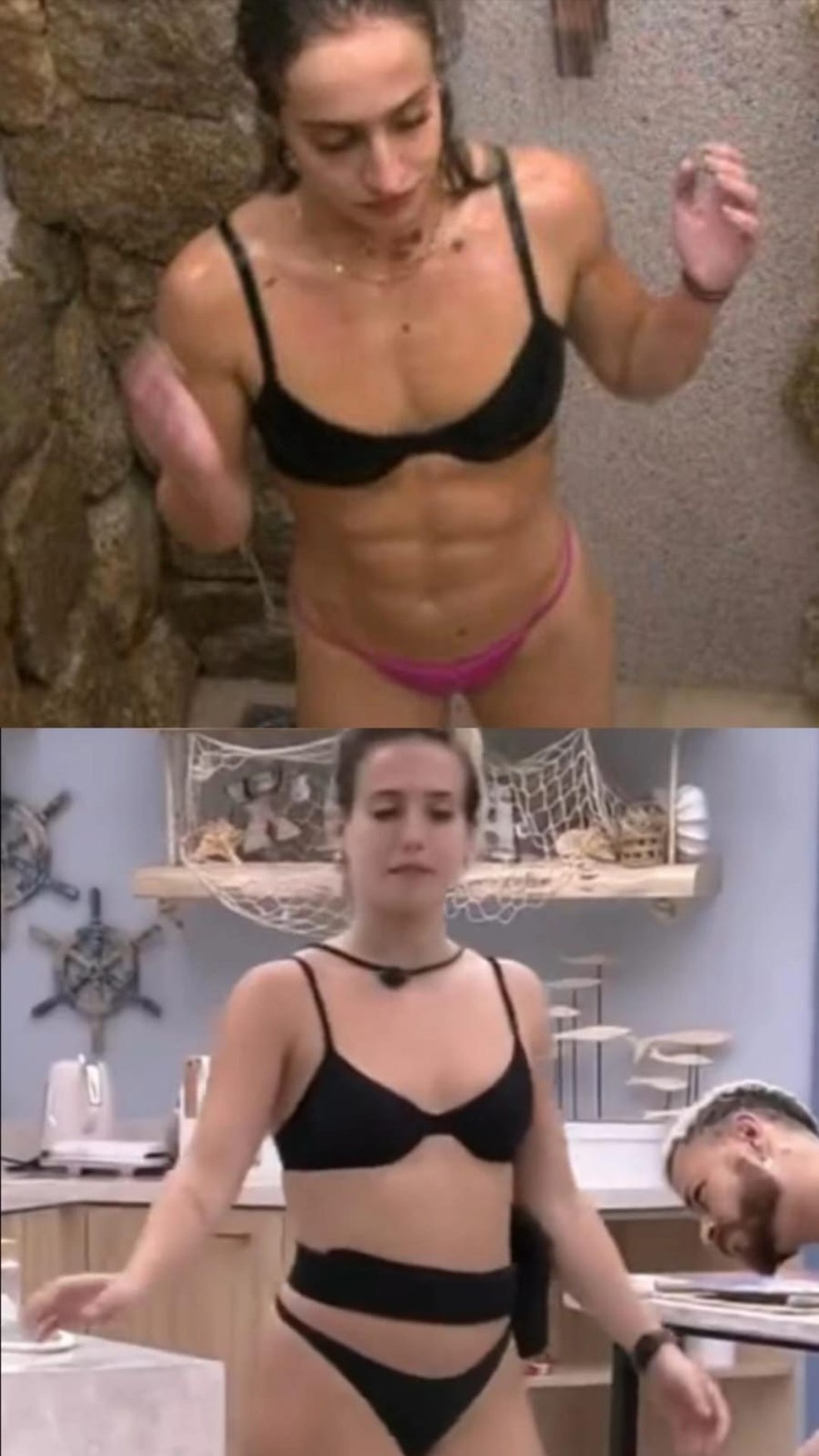 Bruna Griphao nos primeiros dias do BBB23, na foto de cima, e após 45 dias na casa, na foto de baixo — Foto: Reprodução TV