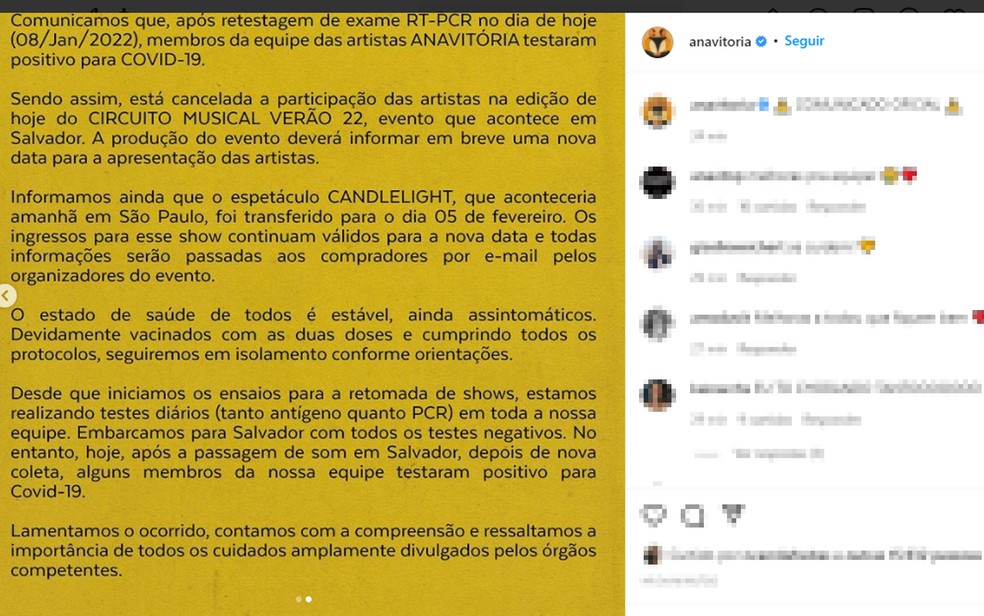 Show da dupla Anavitória foi cancelado em Salvador após integrantes da equipe testarem positivo para Covid-19 — Foto: Reprodução/Redes Sociais