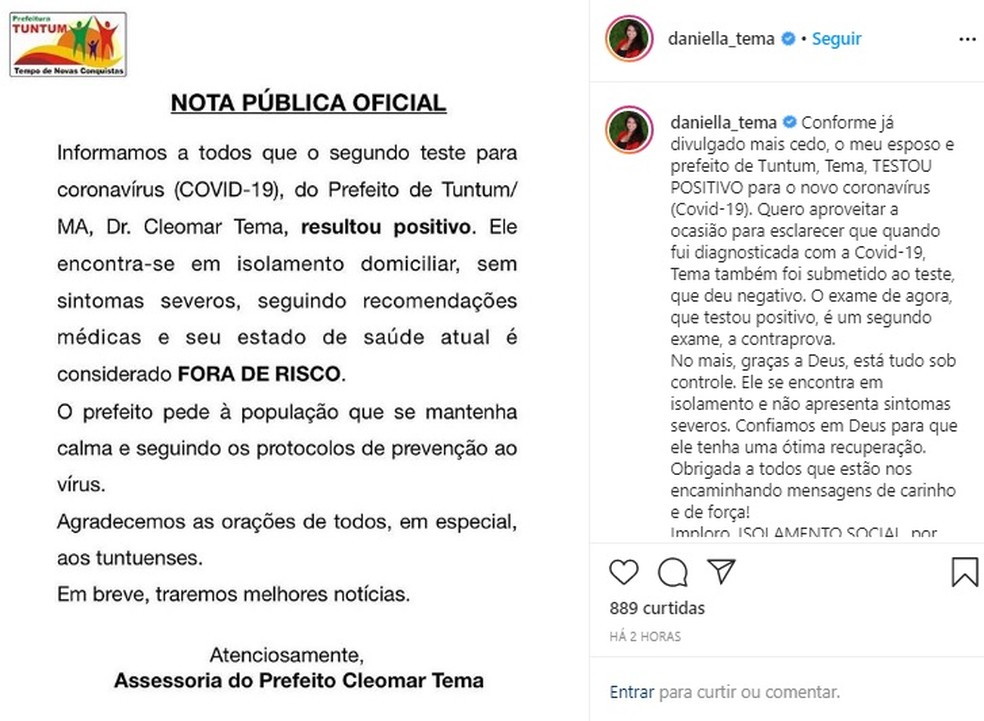 Deputada estadual do Maranhão, Daniella Tema (DEM), fala sobre o diagnóstico positivo para Covid-19 do marido, o prefeito de Tuntum Cleomar Tema. — Foto: Reprodução/Redes Sociais