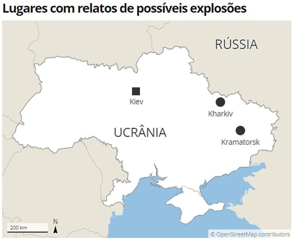 Mapa aponta lugares com relatos de explosões na Ucrânia — Foto: g1