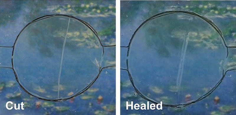 Imagem divulgada pelos pesquisadores mostra, à esq., material quebrado e, à dir., depois de se curar sozinho (Foto: Divulgação)