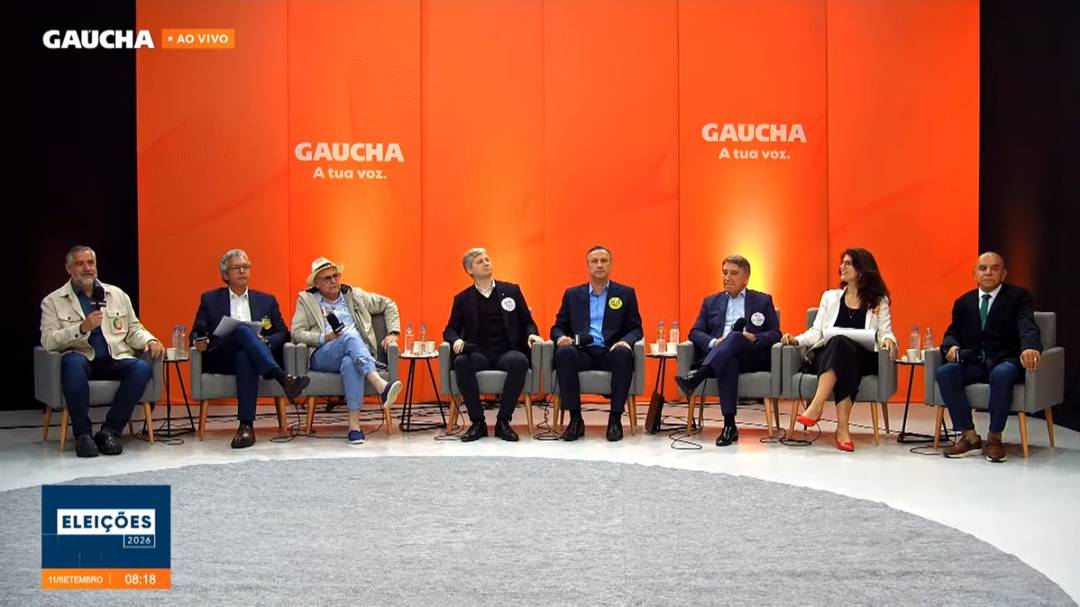 Candidatos ao Senado pelo RS durante debate na RBS TV: Pimenta (PT), Frederico Antunes (PSD), Renato Jaguarão (Cidadania), Marcel van Hattem (Novo), Sanderson (PL), Rigotto (MDB), Manuela D’Ávila (PSOL) e Milton Cardoso (PSDB)