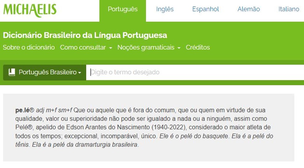 Dicionário Michaelis traz explicação sobre palavra "Pelé" — Foto: Reprodução