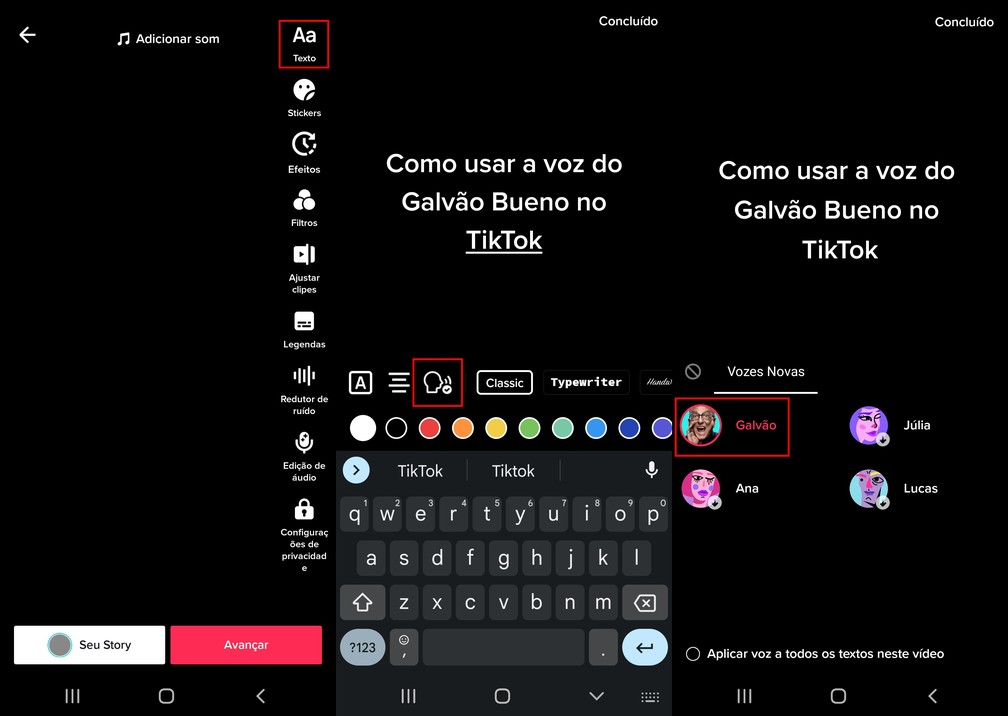 Como usar a voz do Galvão Bueno no TikTok — Foto: Reprodução/TikTok