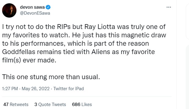 Famosos lamentam morte de Ray Liotta (Foto: Reprodução/Twitter)