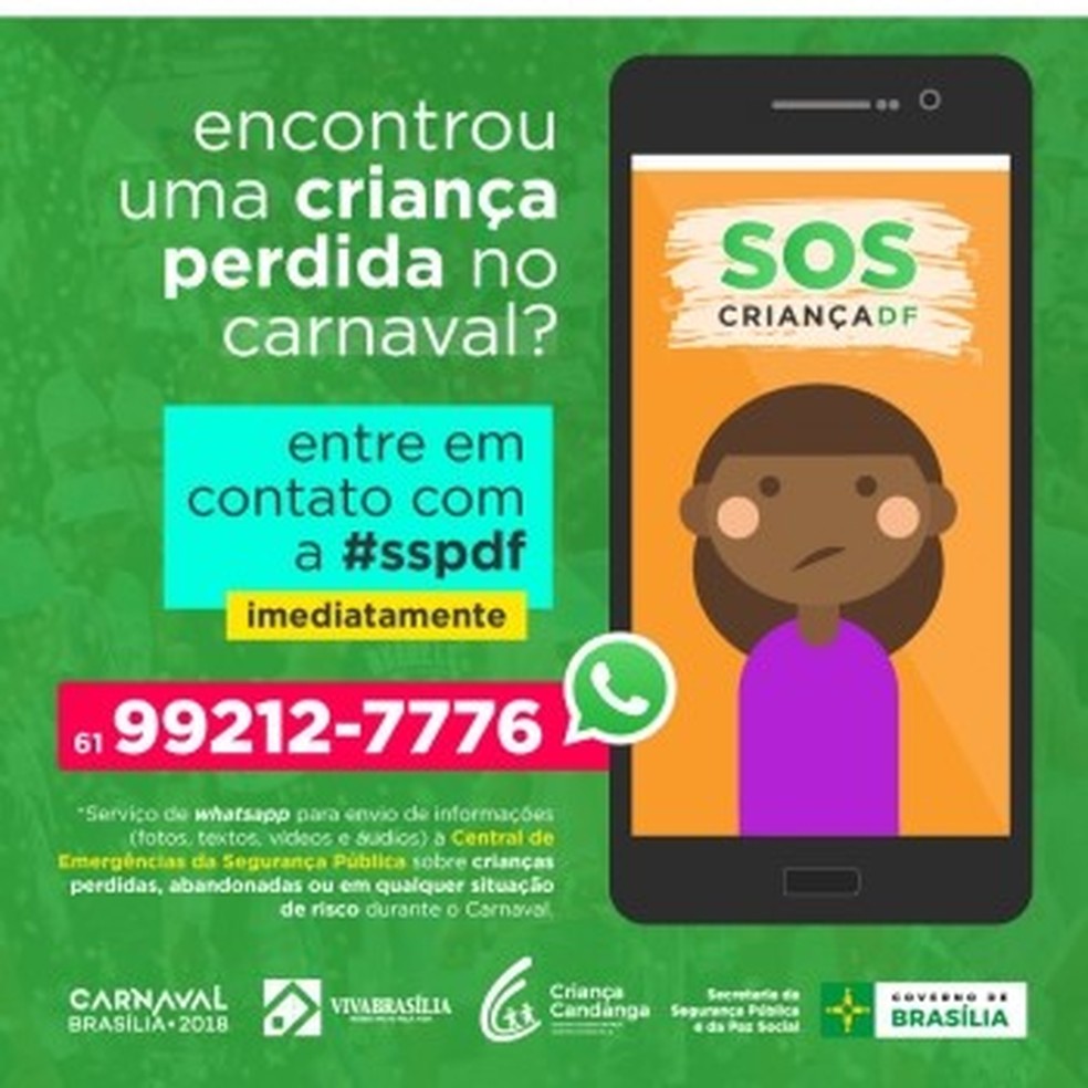 Post da Secretaria de Segurança do DF sobre serviço para crianças perdidas no carnaval (Foto: Reprodução)