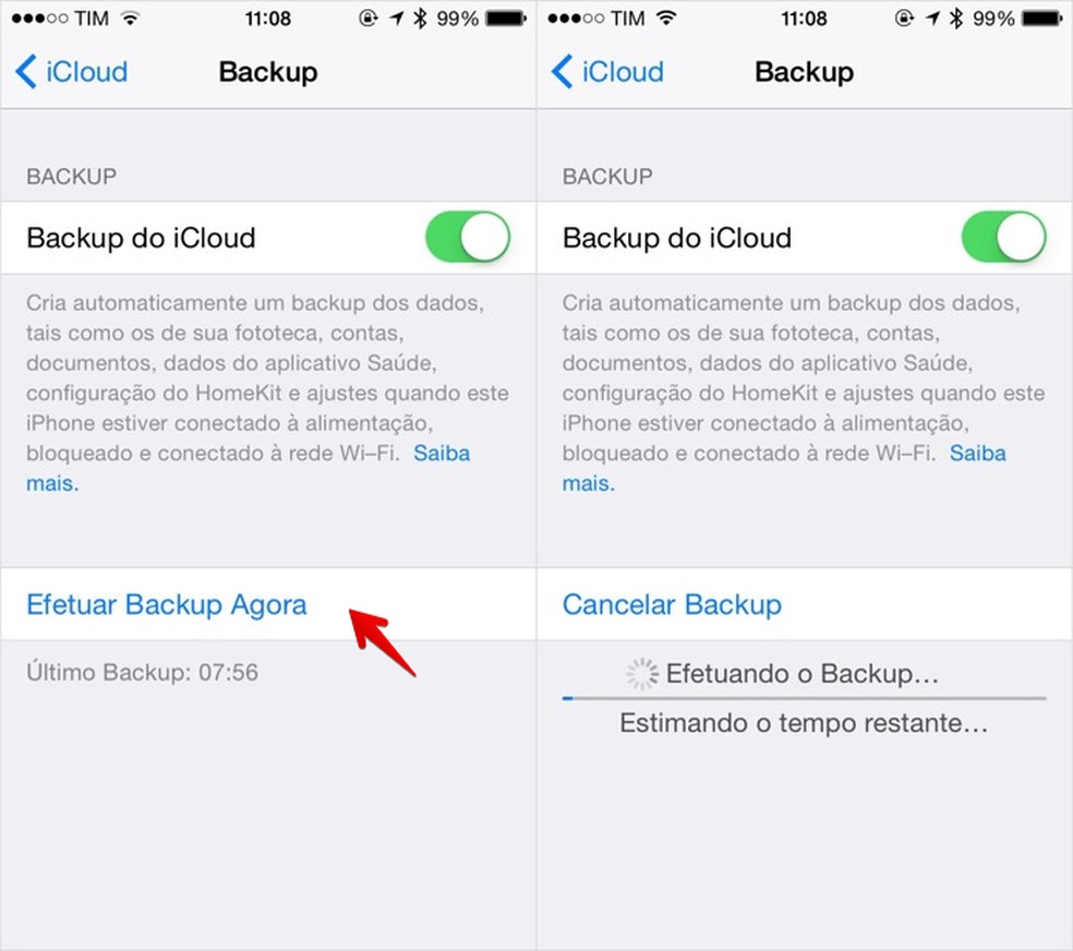 Fazendo backup no iCloud — Foto: Reprodução/Helito Bijora