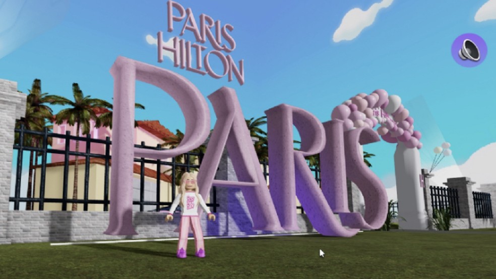 Avatar da Paris Hilton diante de sua mansão virtual: festa na ilha privada, no Roblox  — Foto: Reprodução