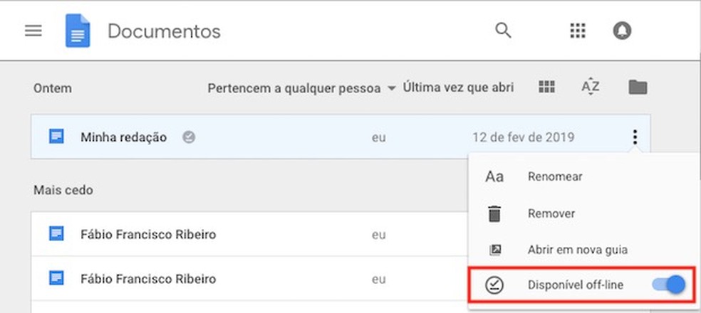 Documentos offline no Google — Foto: Reprodução