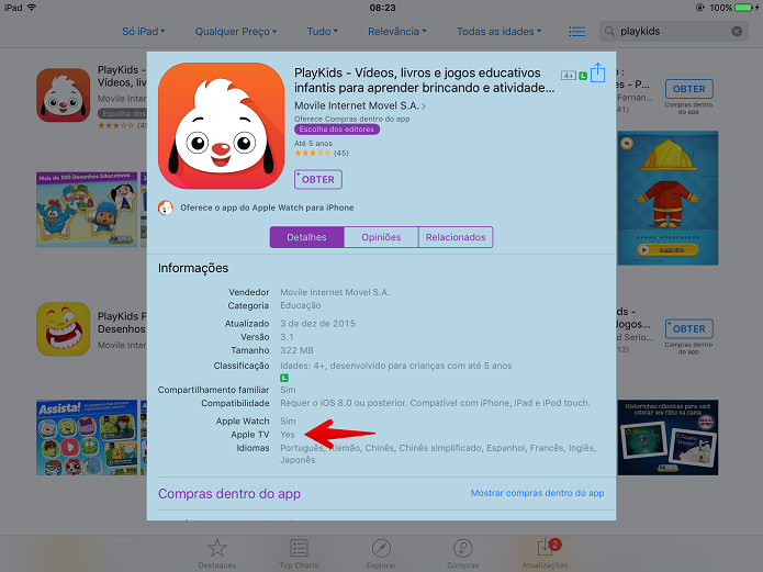 Um dos apps já compatíveis com a Apple TV é o PlayKids (Foto: Felipe Alencar/TechTudo)