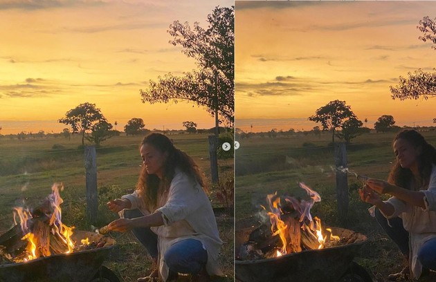 Aline Borges mostrou fogueira improvisada em cima de carrinho de mão na fazenda (Foto: Reprodução)
