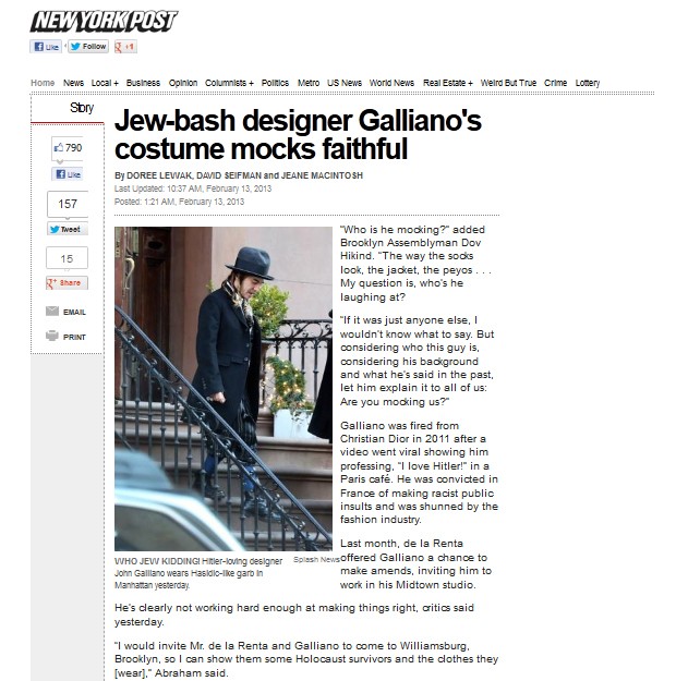 O look que levantou as polêmicas sobre a suposta provocação de John Galliano (Foto: Reprodução/New York Post)