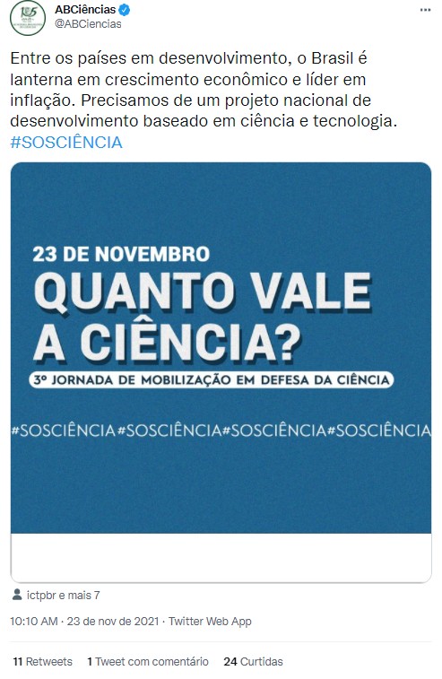 Academia Brasileira de Ciências participa de tuitaço durante a 3ª Jornada de Mobilização em Defesa da Ciência (Foto: Reprodução/Twitter @ABCiencias)