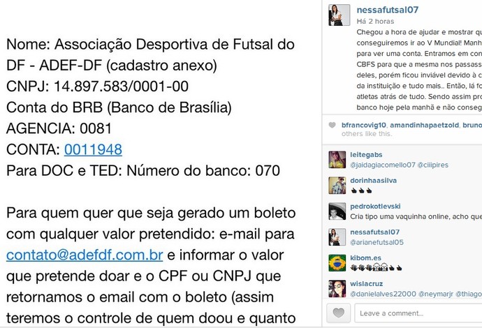 Futsal feminino brasil vaquinha (Foto: Reprodução Instagram)