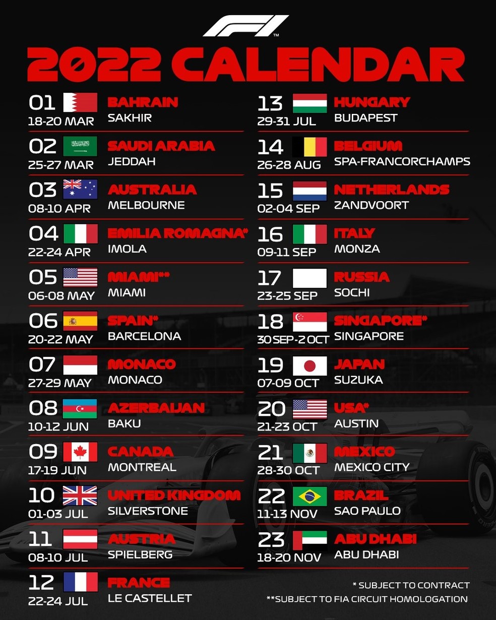 Calendário da F1 2022 — Foto: F1