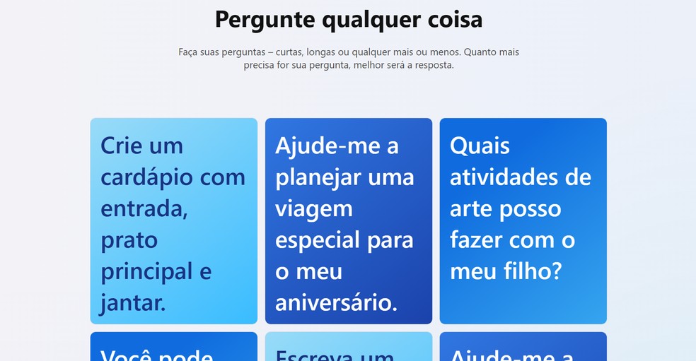 Microsoft disponibiliza uma série de exemplos de pesquisa no Bing — Foto: Reprodução/Caroline Silvestre